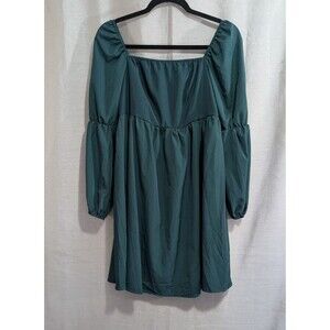 EXLURA Dress Women’s Sz LARGE Square Neck Long Puff Babydoll Green Mini Holiday